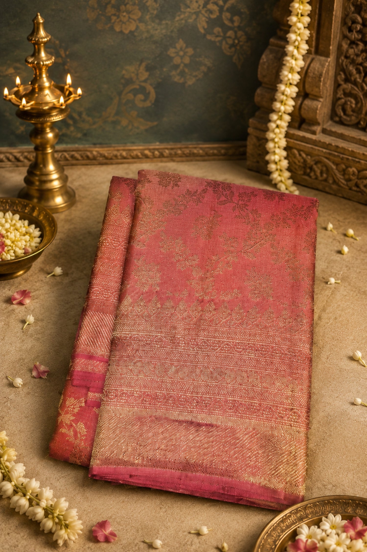 Royal Rosewood Kanchipuram Silk Saree with All-Over Gold Weaving