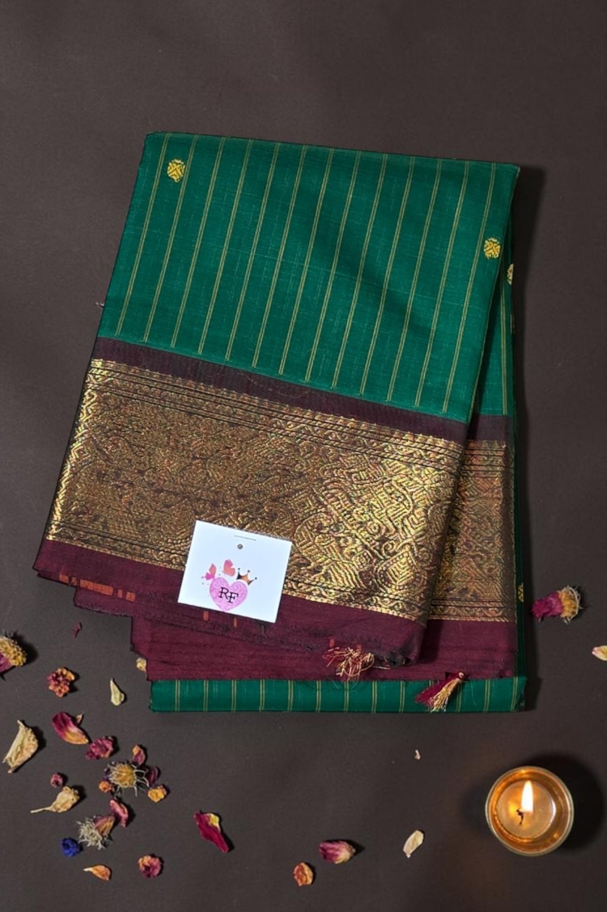 Elegant Green Striped Cotton Saree with Maroon Border