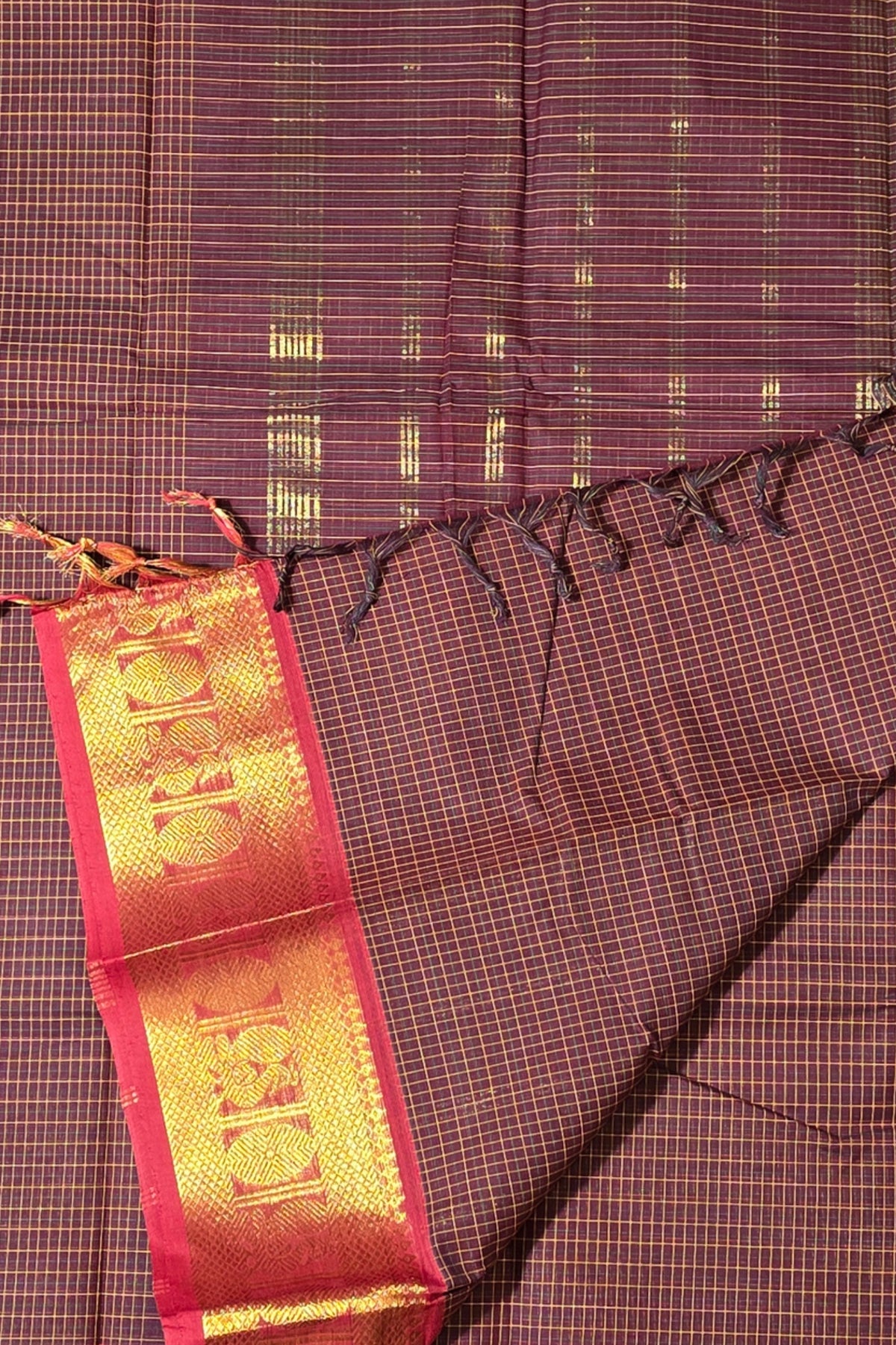 Classic Brown Check Cotton Saree with Gold & Maroon Border