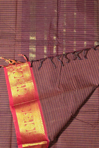 Classic Brown Check Cotton Saree with Gold & Maroon Border