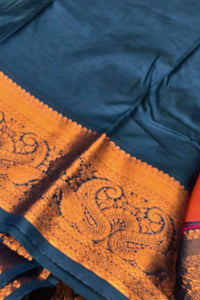 Blue and orange fabric with intricate patterns