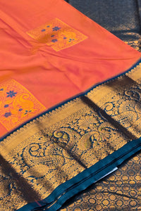 Vibrant Orange Semi Kanchi Silk Saree with Blue Border and Golden Motifs