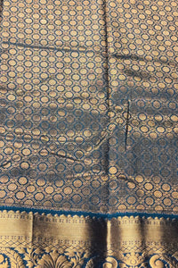 Vibrant Orange Semi Kanchi Silk Saree with Blue Border and Golden Motifs