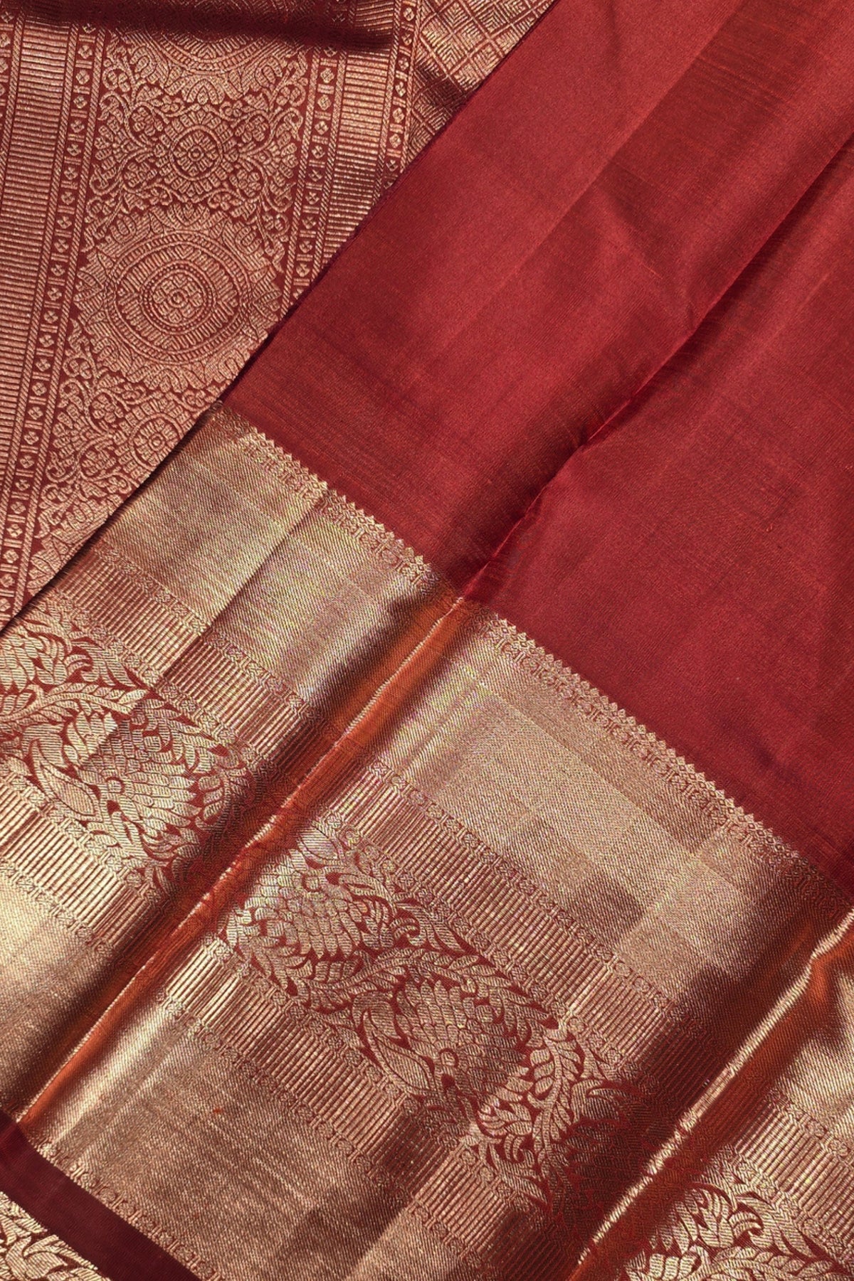 Indian Red Kanchipuram Silk Saree with Gold Heritage Weaving
