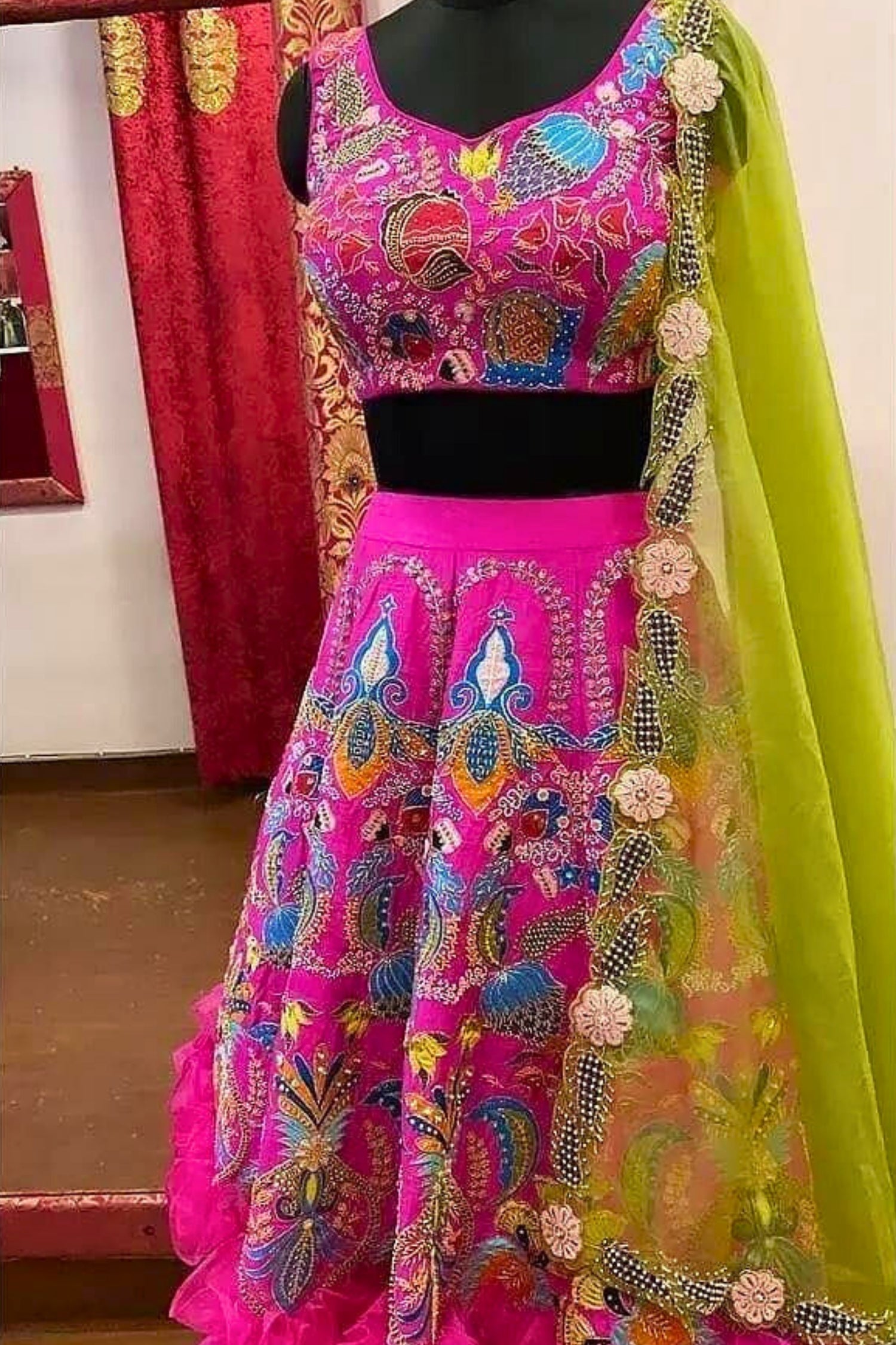 Pastel Flora Lehenga with Green Dupatta
