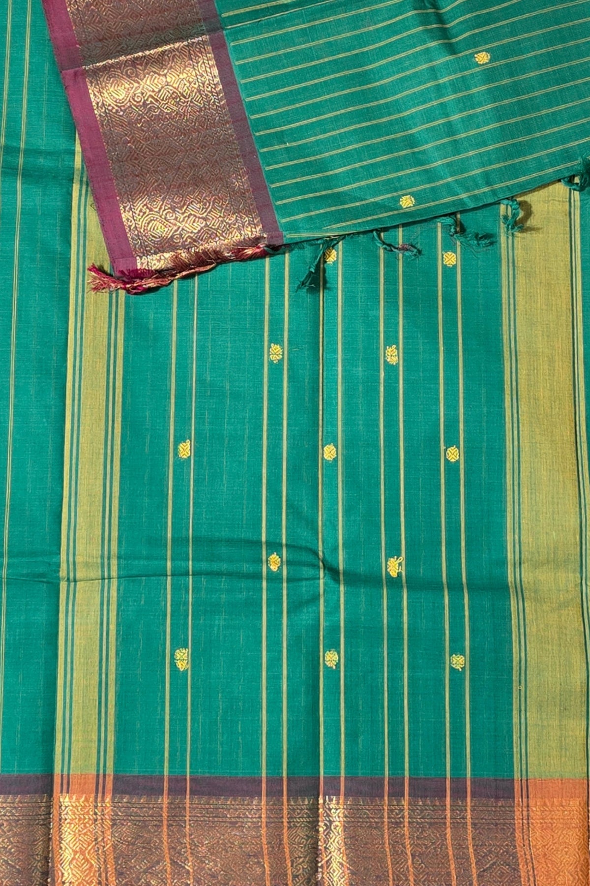 Elegant Green Striped Cotton Saree with Maroon Border