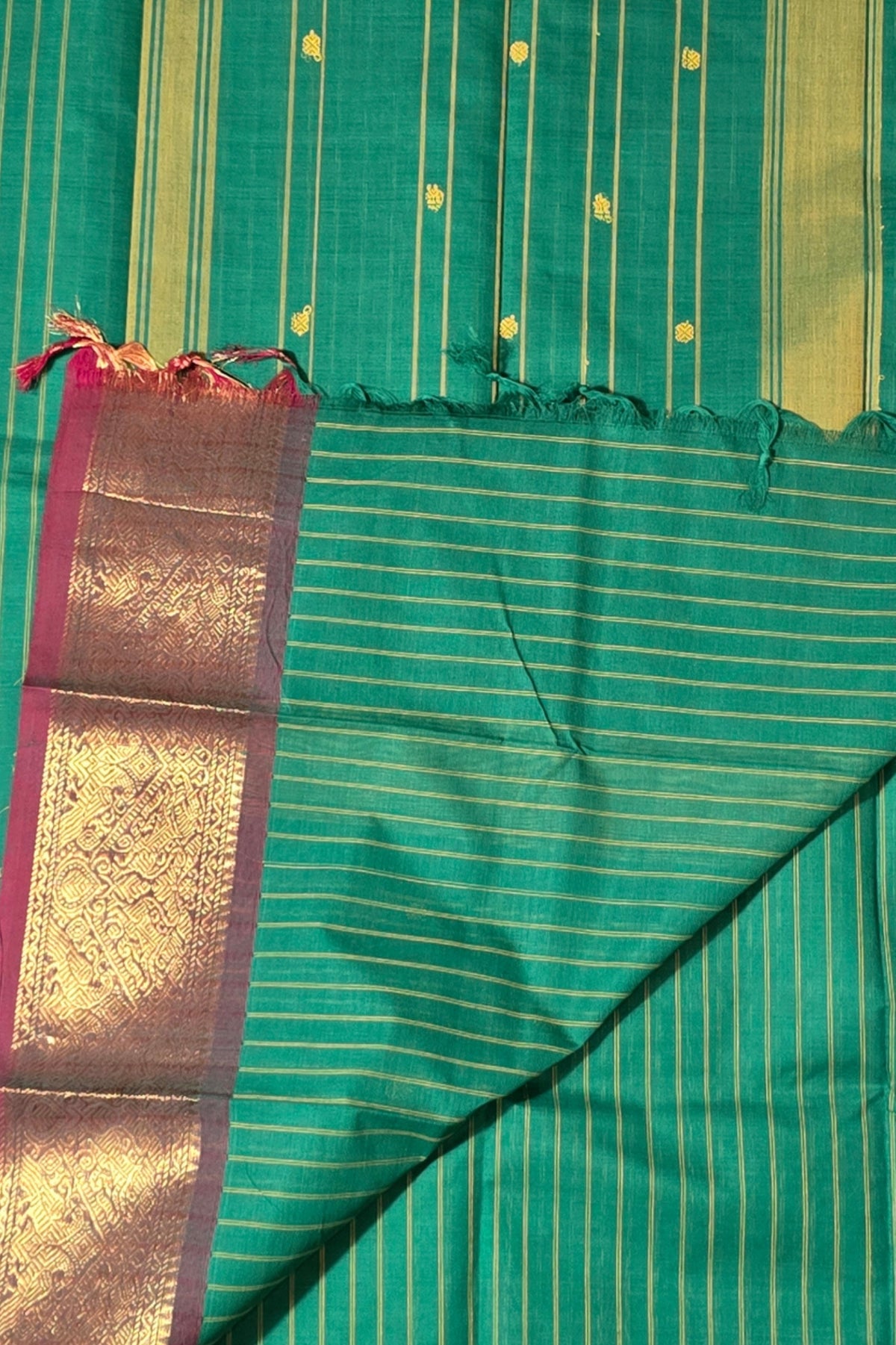 Elegant Green Striped Cotton Saree with Maroon Border
