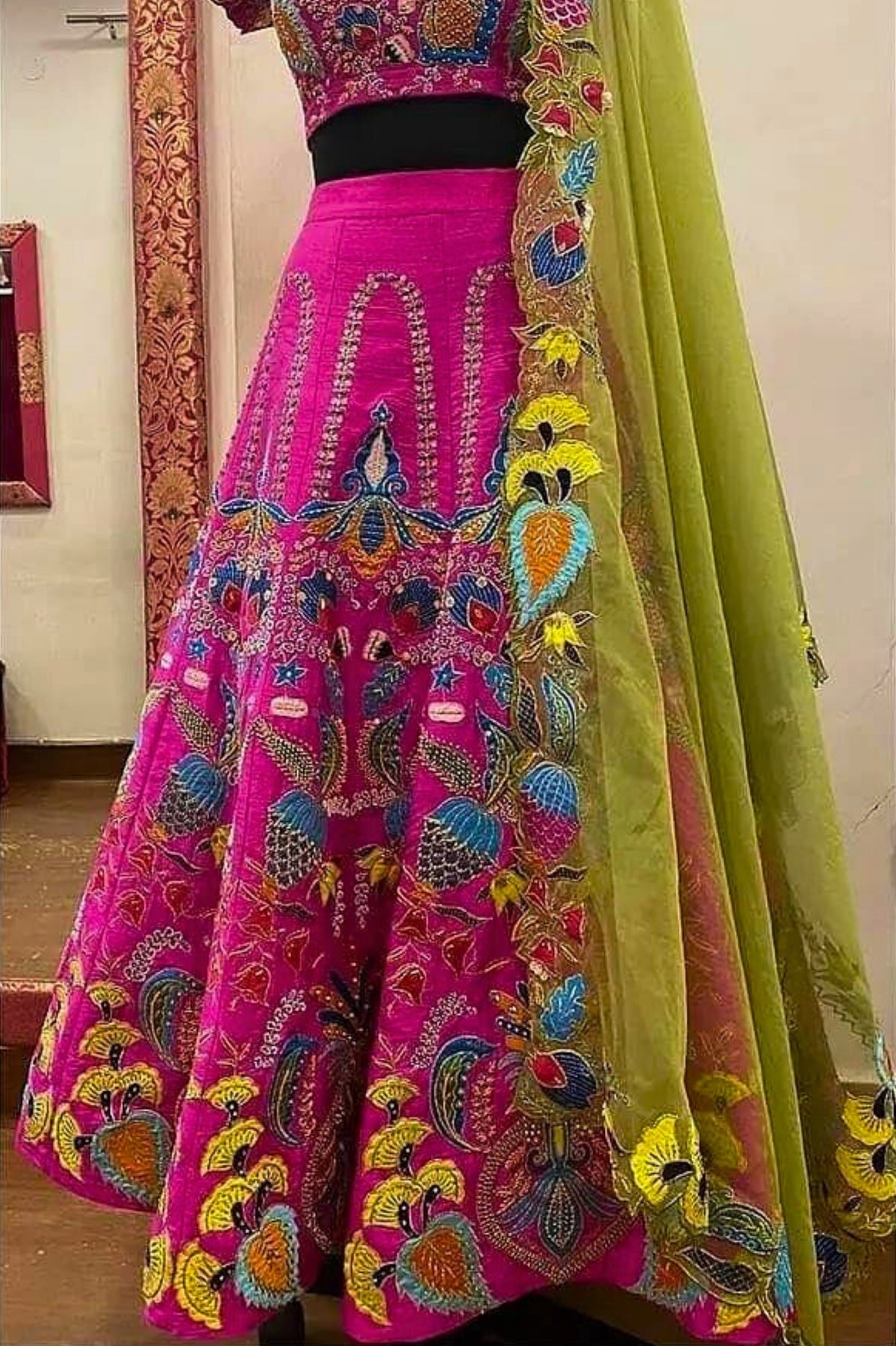 Pastel Flora Lehenga with Green Dupatta