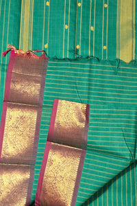 Elegant Green Striped Cotton Saree with Maroon Border
