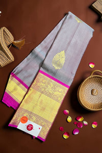 Gray saree with gold and pink border on a brown background