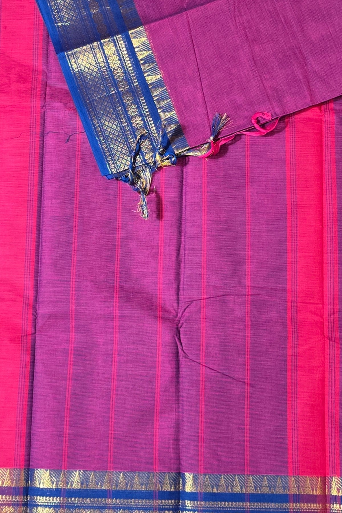 Elegant Dark Purple Cotton Saree with Blue Border