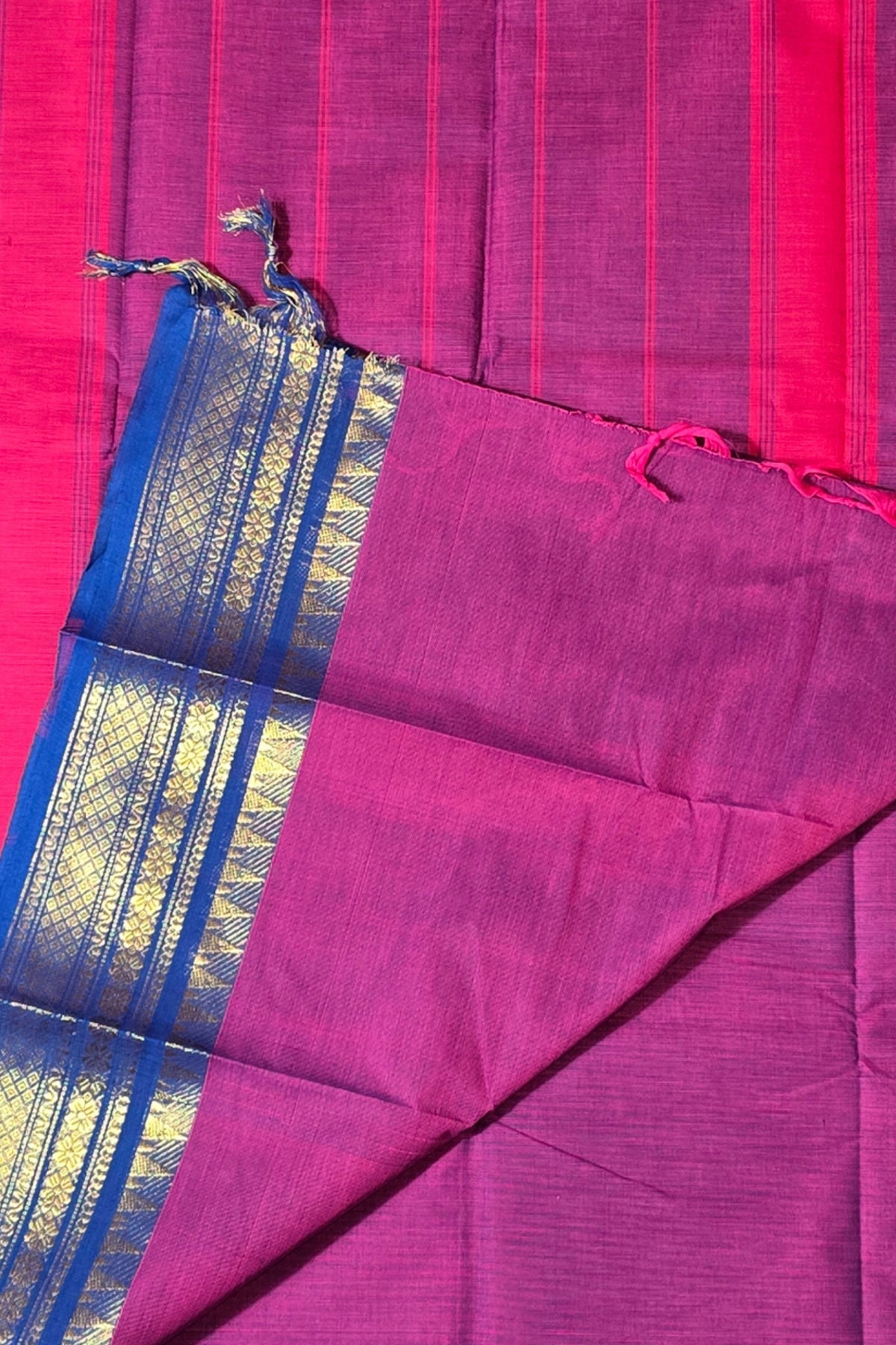 Elegant Dark Purple Cotton Saree with Blue Border