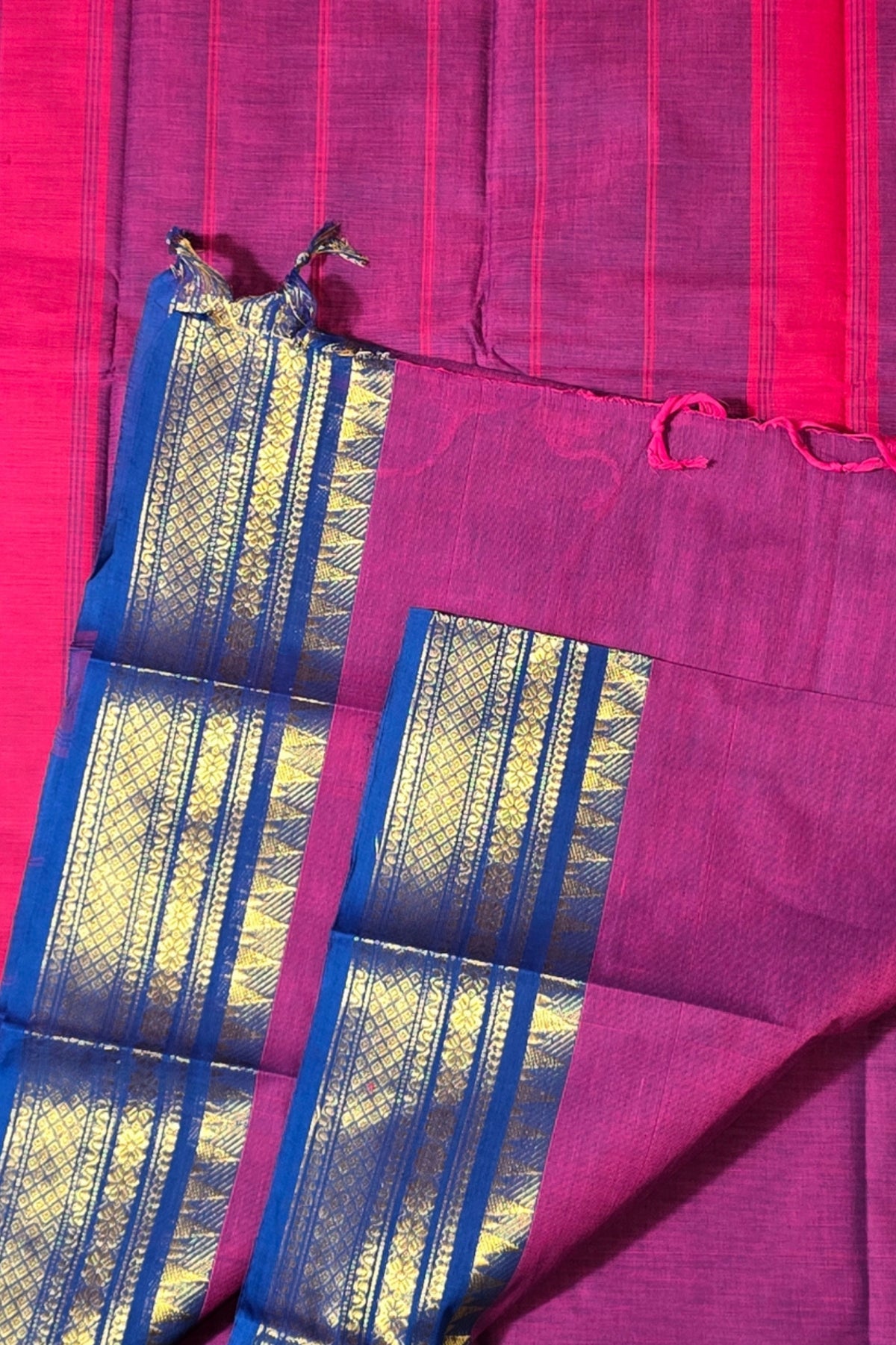 Elegant Dark Purple Cotton Saree with Blue Border