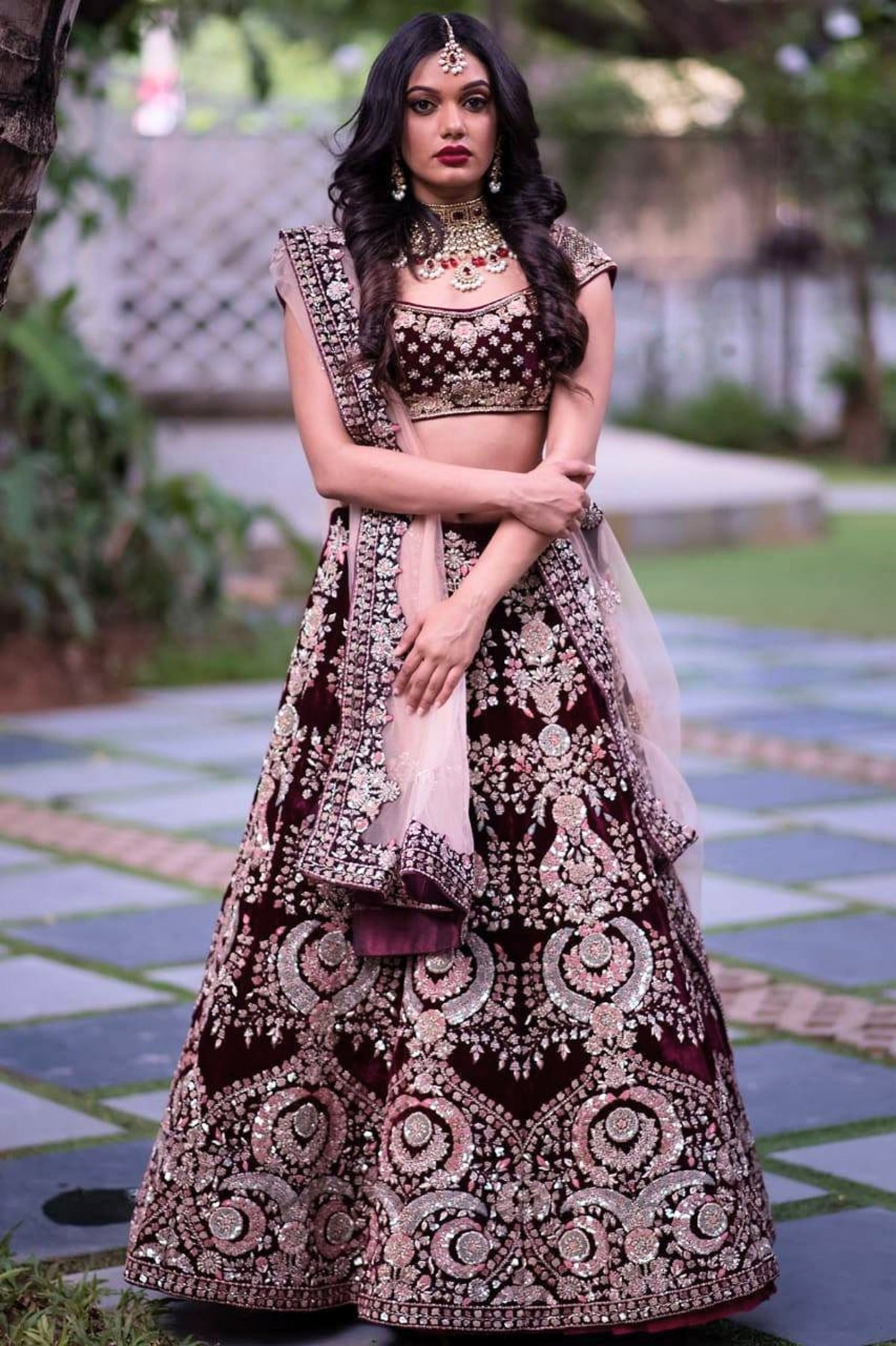 Maroon Bridal Lehenga with All-Over Embroidery & Sequin Work
