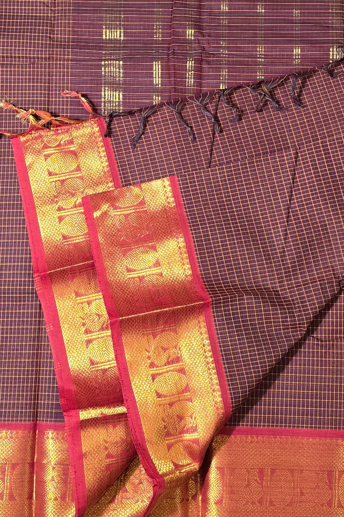 Classic Brown Check Cotton Saree with Gold & Maroon Border
