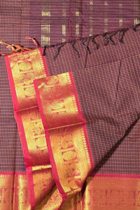 Classic Brown Check Cotton Saree with Gold & Maroon Border