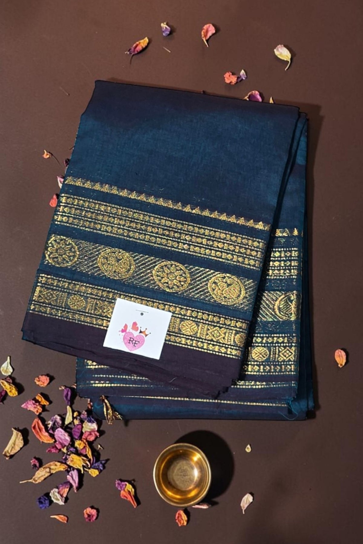 Elegant Persian Blue Cotton Saree with Gold Border