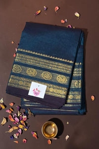 Elegant Persian Blue Cotton Saree with Gold Border