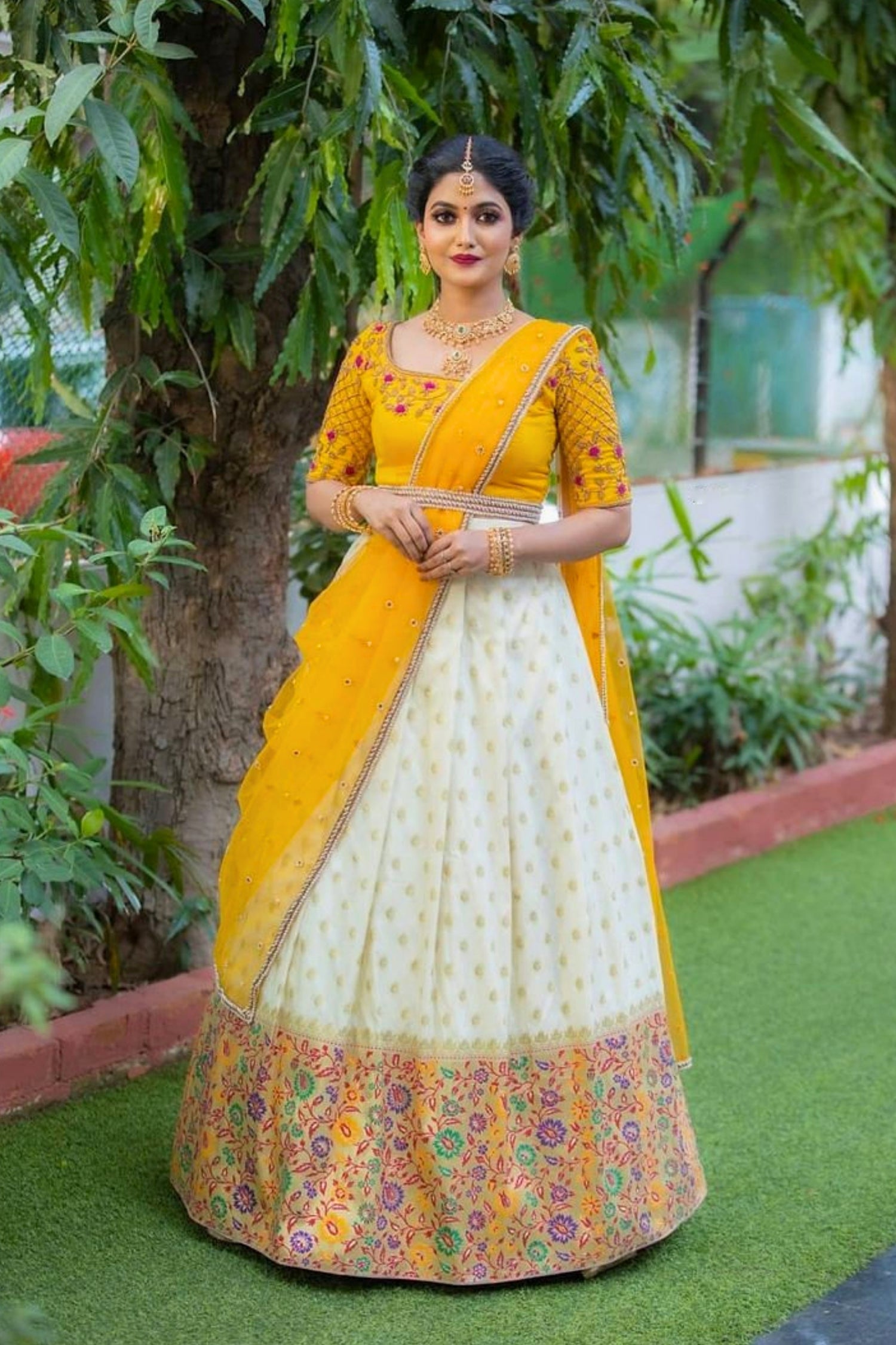 Yellow with White Bridal Lehenga with Embroidery
