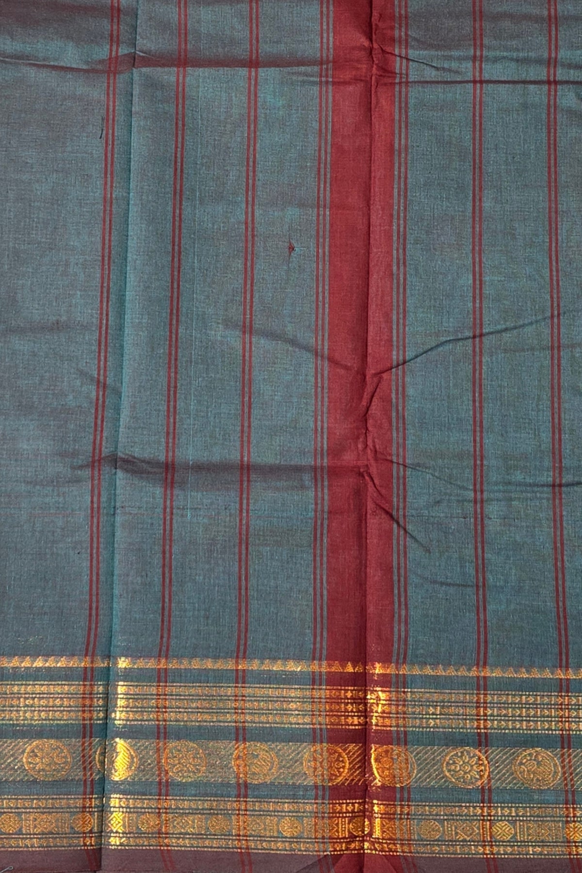 Elegant Persian Blue Cotton Saree with Gold Border