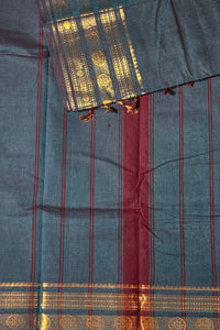 Elegant Persian Blue Cotton Saree with Gold Border