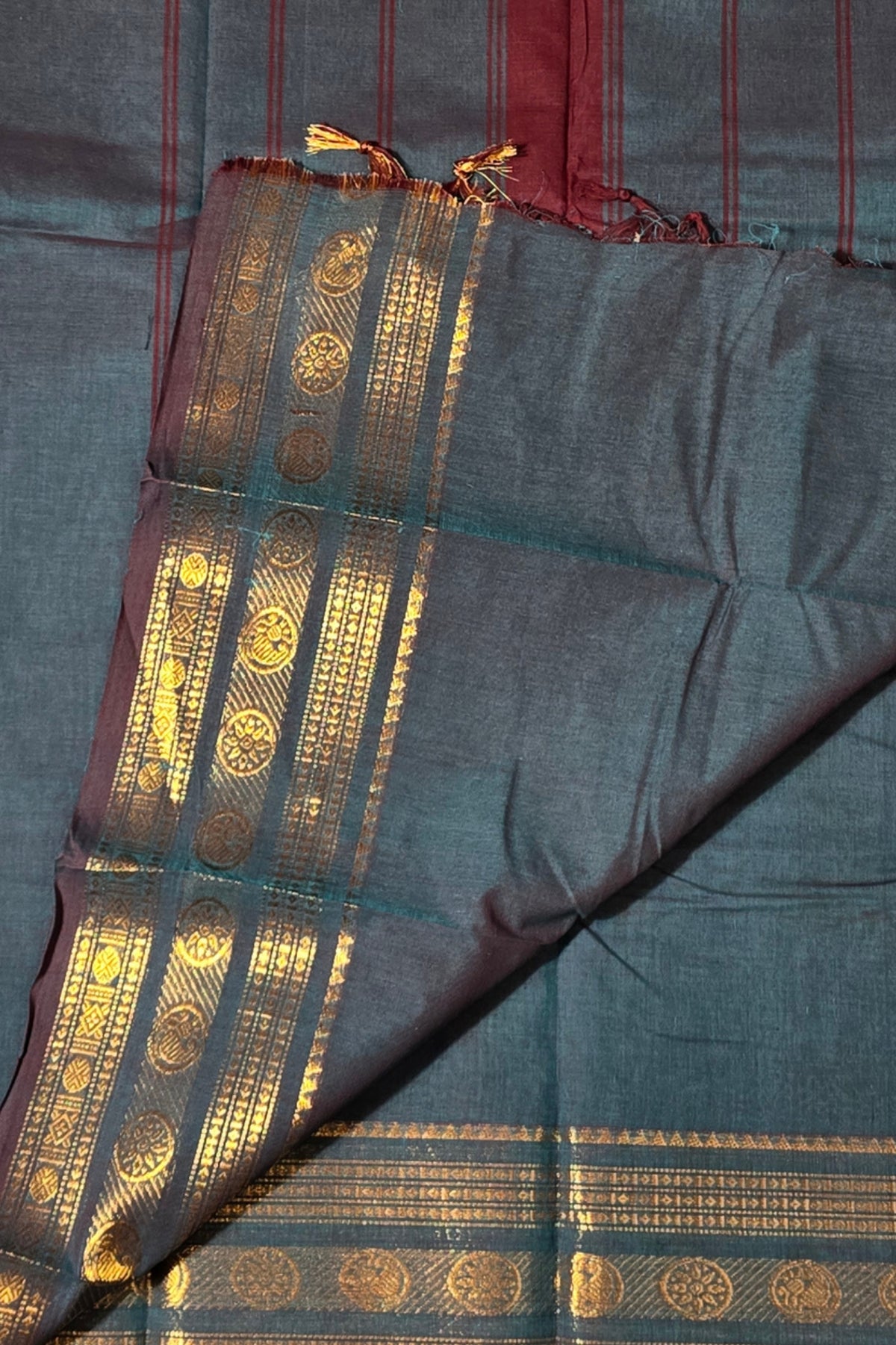 Elegant Persian Blue Cotton Saree with Gold Border