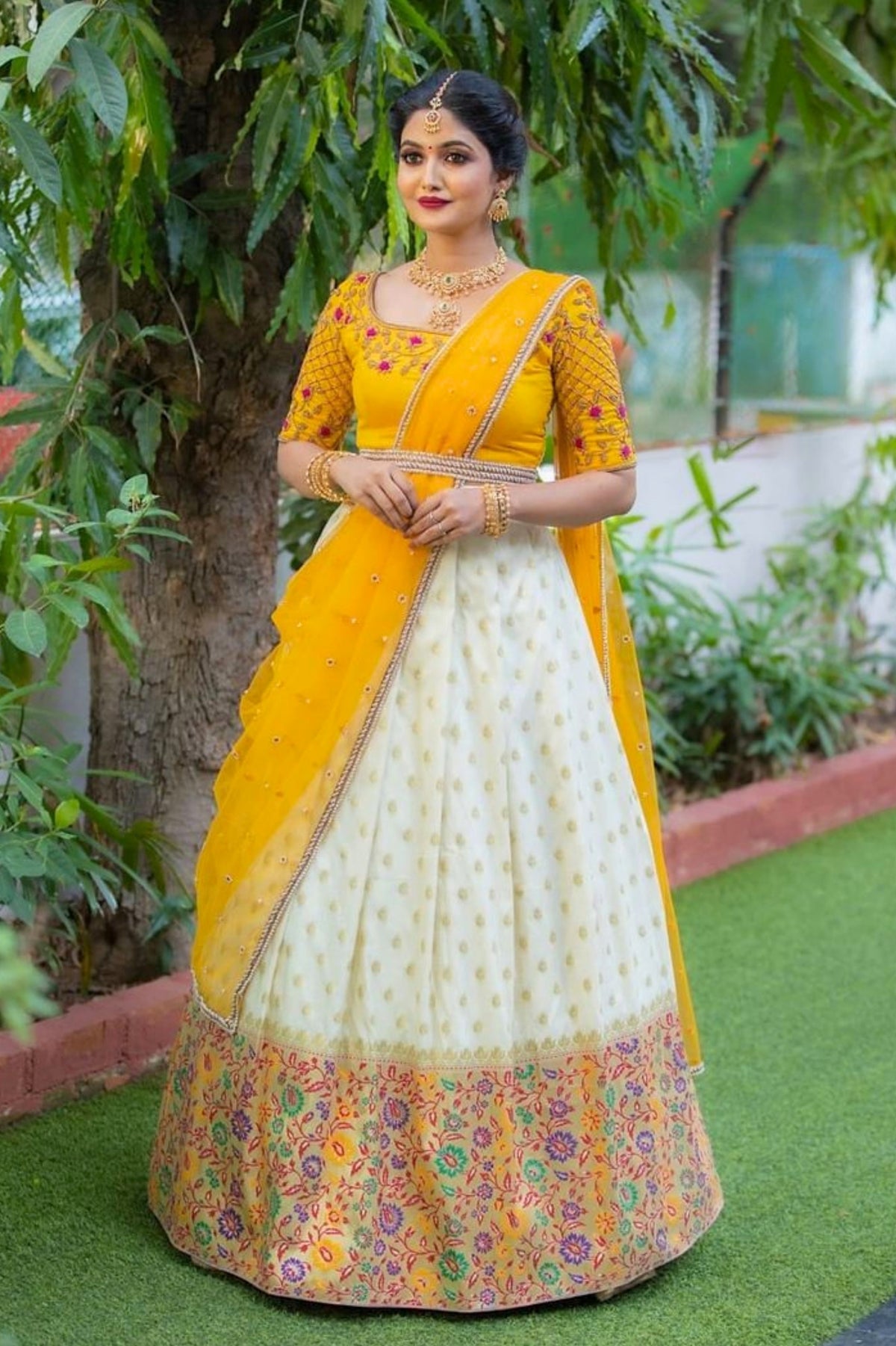 Yellow with White Bridal Lehenga with Embroidery