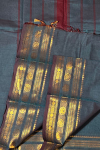 Elegant Persian Blue Cotton Saree with Gold Border