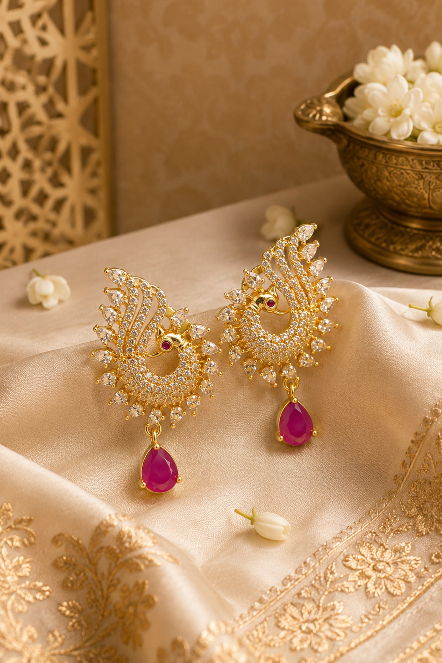 Gold-Plated Peacock CZ Stone Earrings with Ruby Pink Teardrop Earing