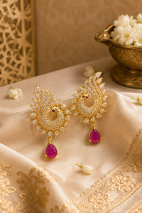 Gold-Plated Peacock CZ Stone Earrings with Ruby Pink Teardrop Earing