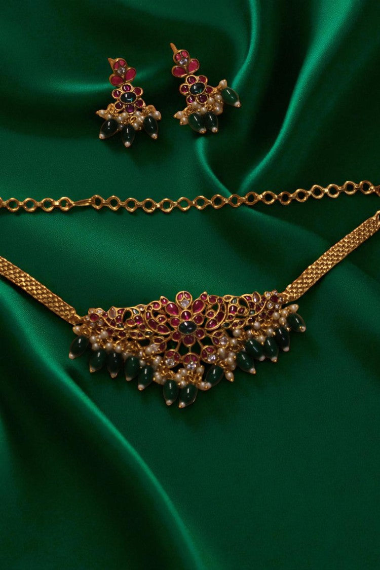 Royal Blossom Pink Ruby Stone Necklace with Earrings