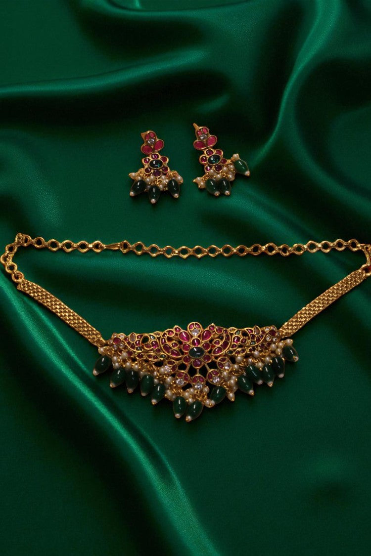 Royal Blossom Pink Ruby Stone Necklace with Earrings