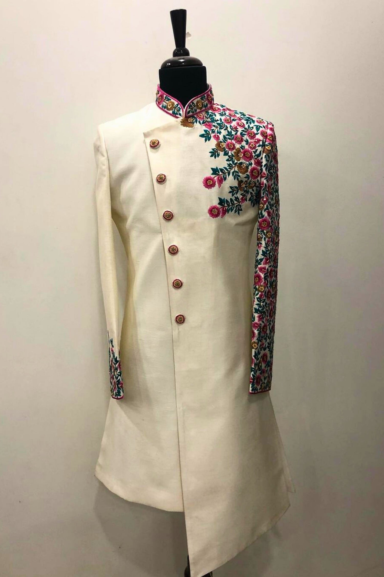 Ethereal Elegance – White Sherwani with Floral Embroidery