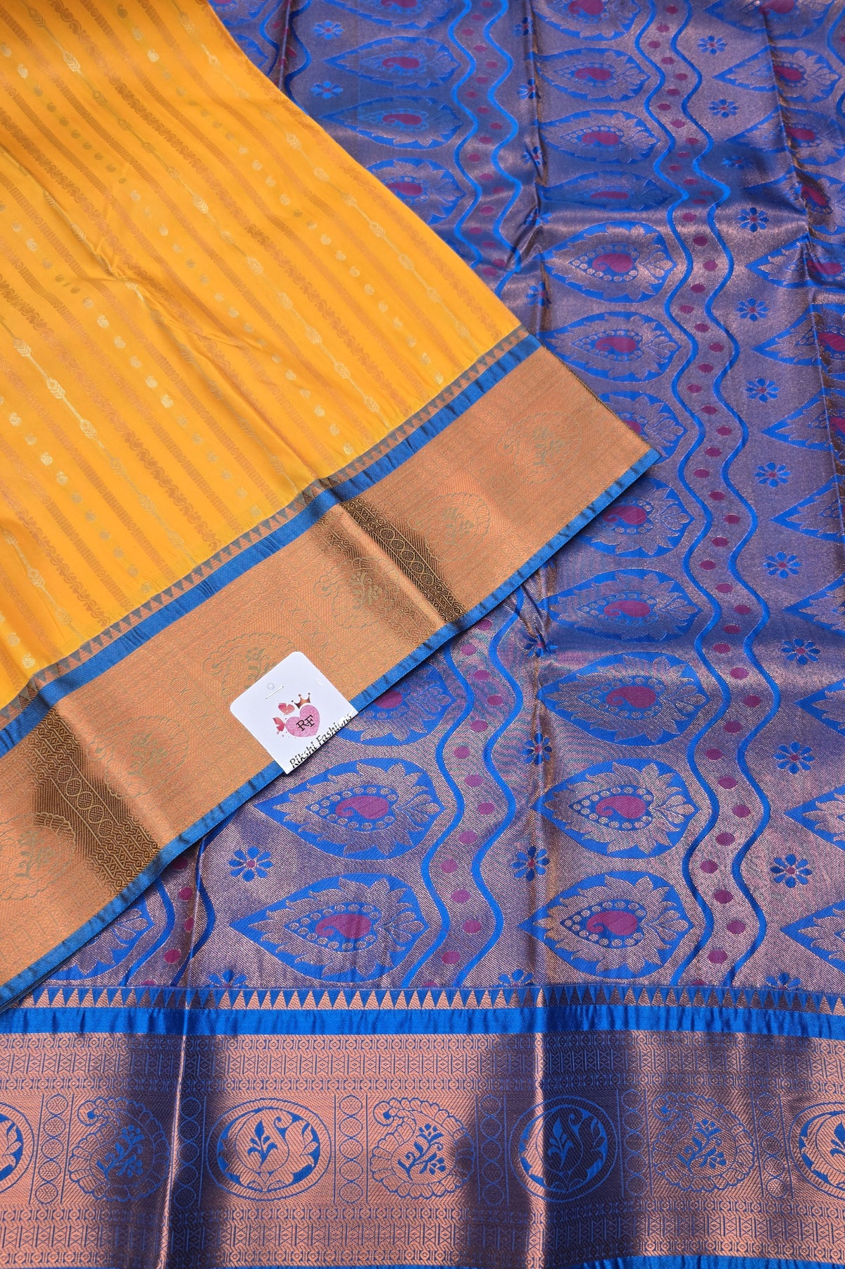 Yellow With Blue Semi Kanchi Silk Saree