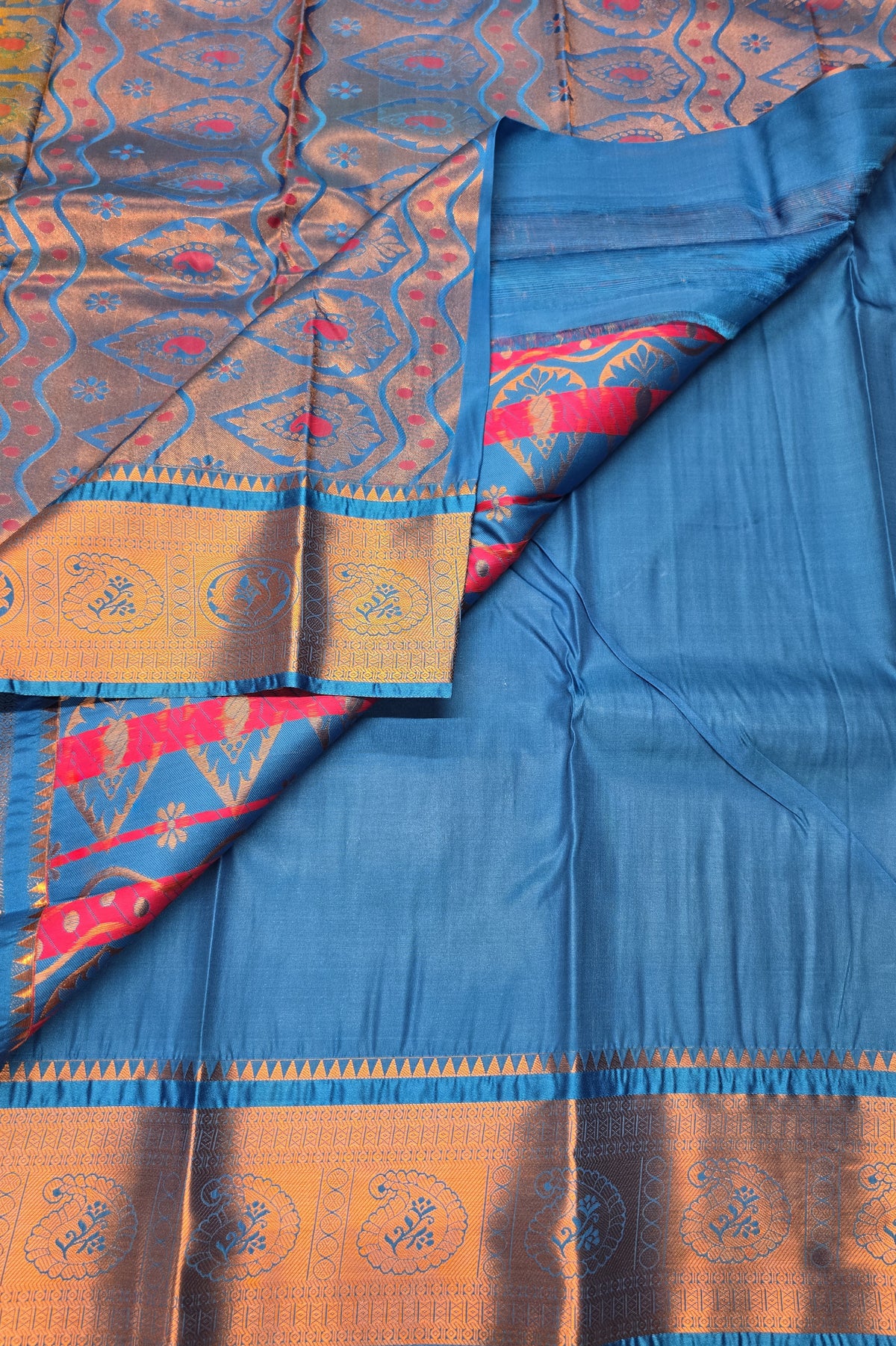 Yellow With Blue Semi Kanchi Silk Saree