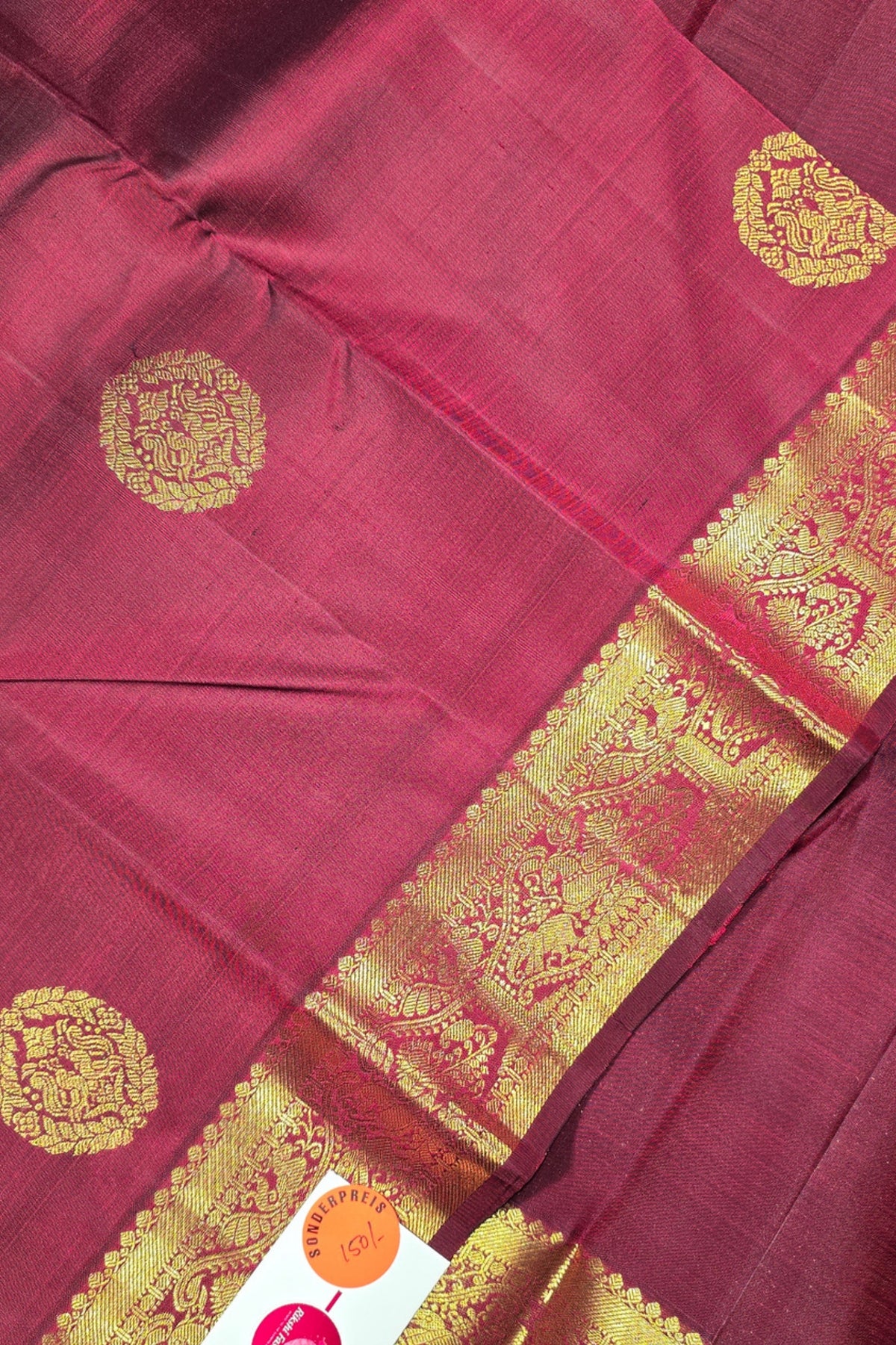 Dark Pink Kanchipuram Silk Saree with Elegant Gold Border