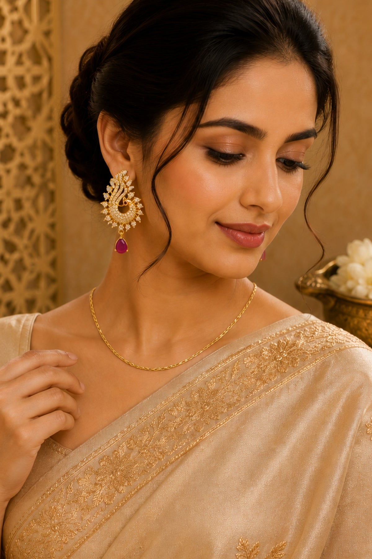 Gold-Plated Peacock CZ Stone Earrings with Ruby Pink Teardrop Earing