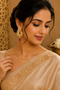 Gold-Plated Peacock CZ Stone Earrings with Ruby Pink Teardrop Earing