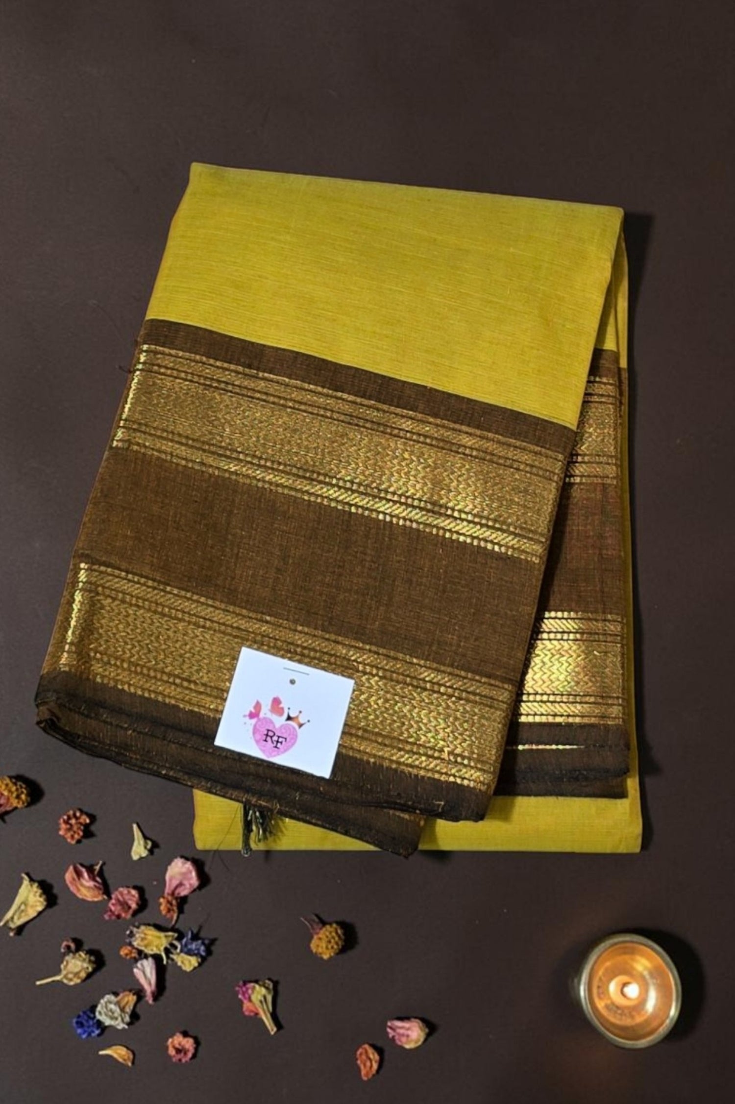 Luxurious Satin Gold Saree with Lava Brown Border