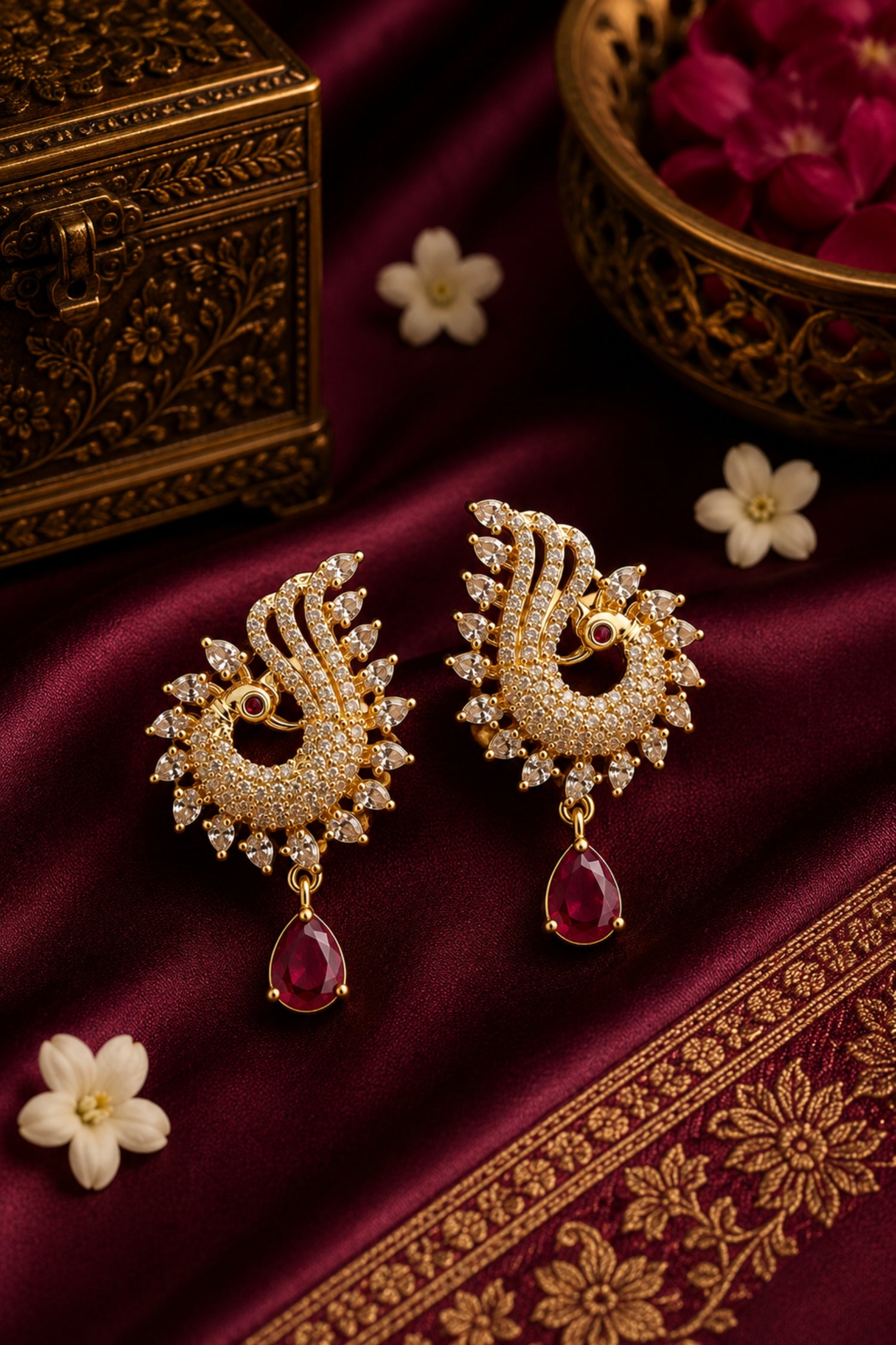Gold earrings with red gemstones on a maroon fabric background