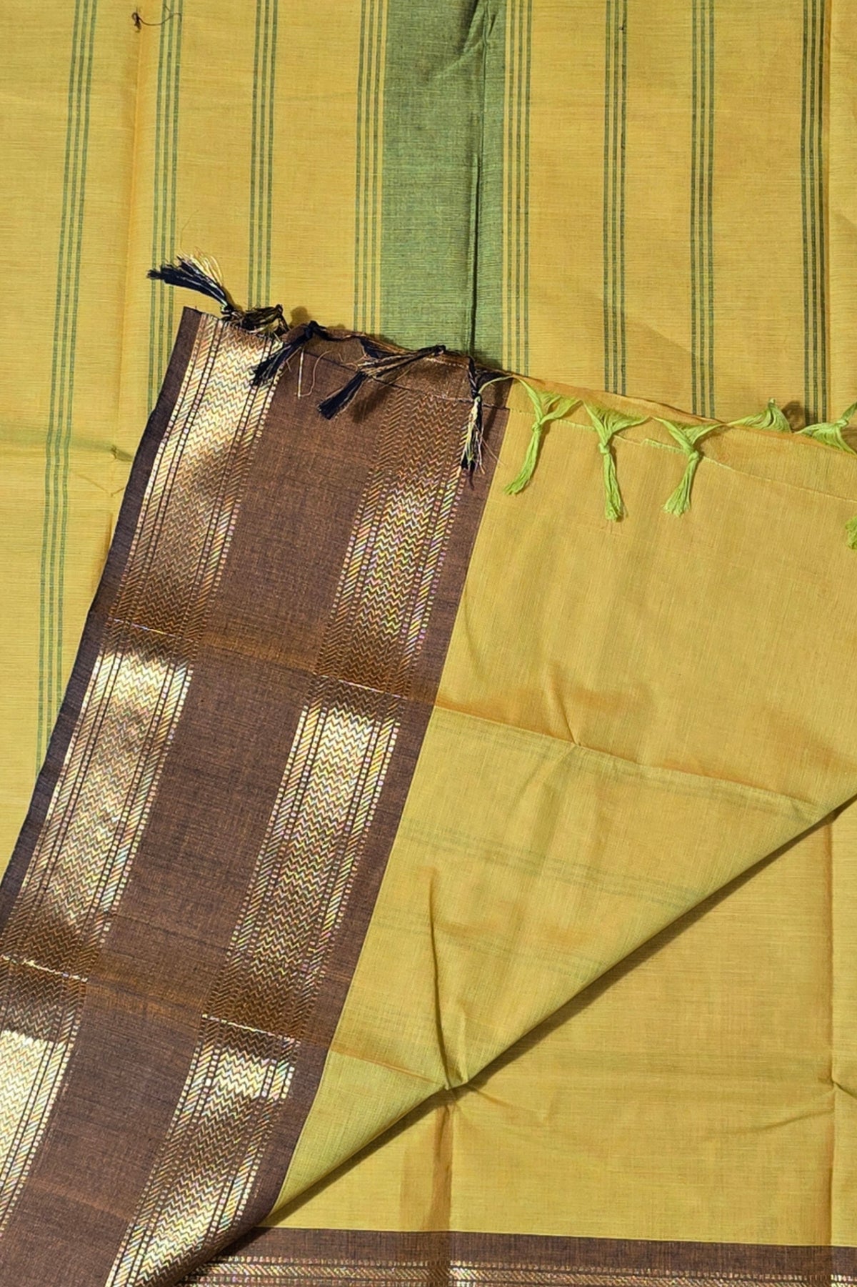 Luxurious Satin Gold Saree with Lava Brown Border