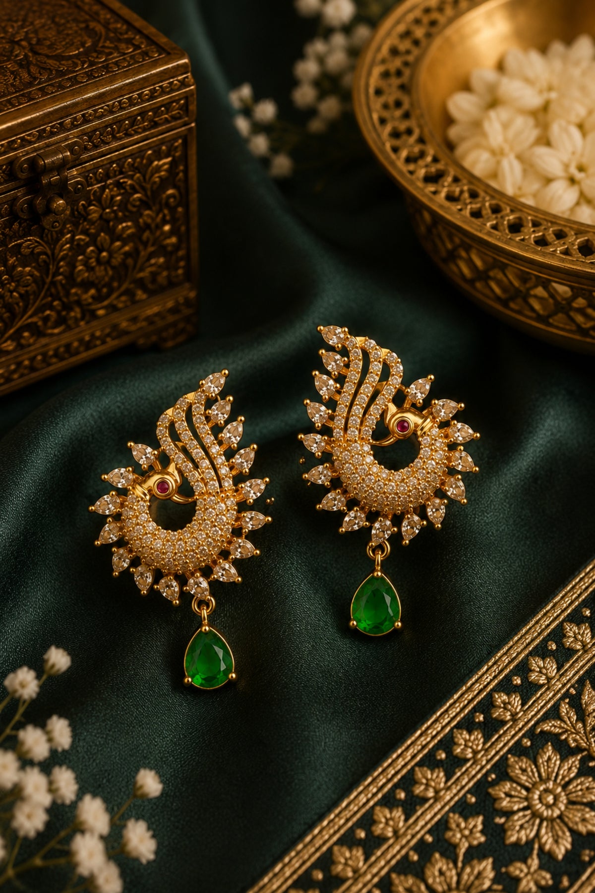 Gold earrings with green gemstones on a dark fabric background