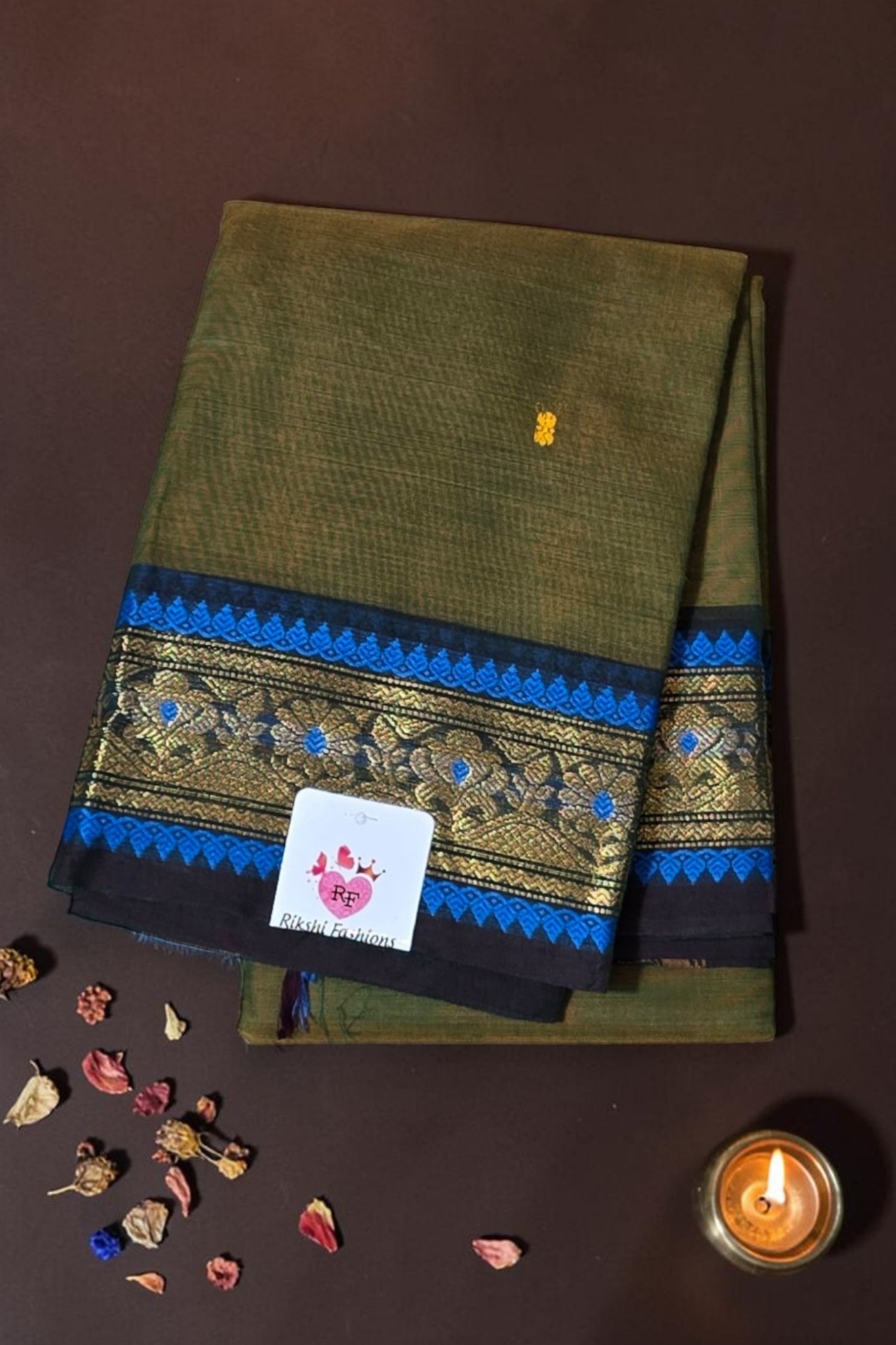 Stylish Army Green Cotton Saree with Dual Blue & Gold Border