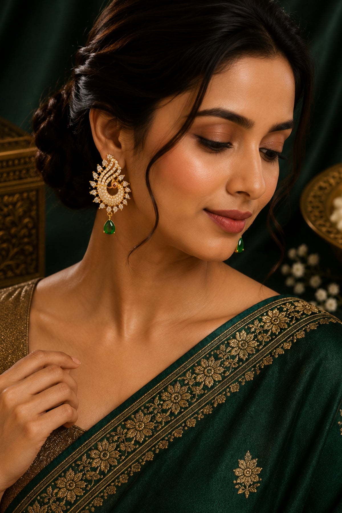 Woman wearing a green saree with gold embroidery and gold earrings.