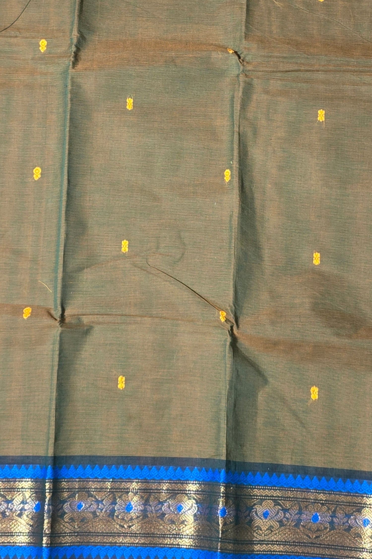 Stylish Army Green Cotton Saree with Dual Blue & Gold Border
