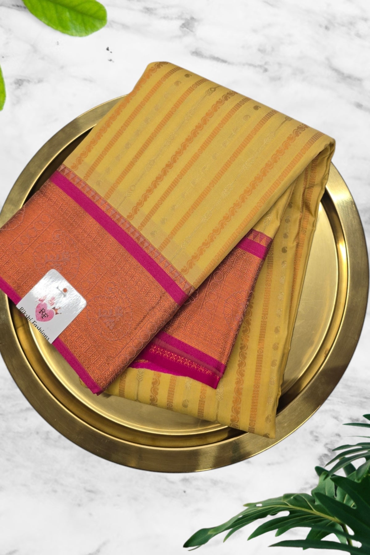 Yellow with Red Border Semi Kanchi Silk Saree