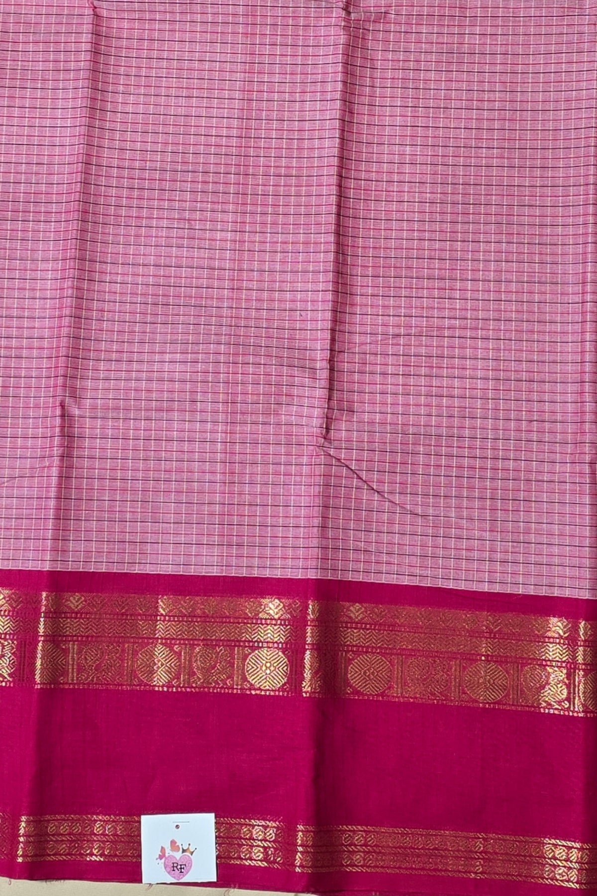 Graceful Light Pink Checked Cotton Saree with Dark Pink Broad Border