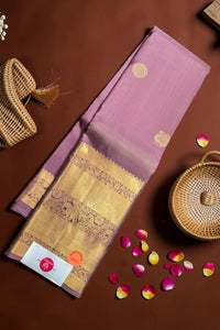 Purple saree with gold border on a brown background
