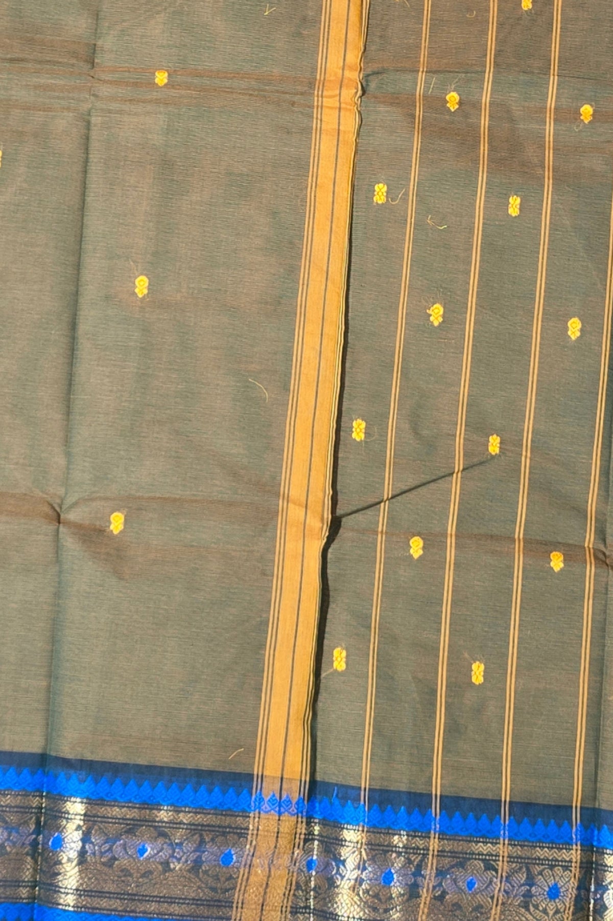 Stylish Army Green Cotton Saree with Dual Blue & Gold Border