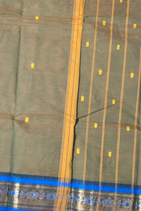Stylish Army Green Cotton Saree with Dual Blue & Gold Border